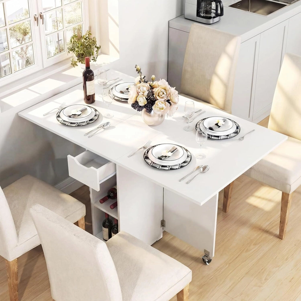 Tavolo da Pranzo Pieghevole, Tavolo Salvaspazio per 4-6 Persone con 2 Ripiani, Cassetto e Ruote a Freno, Tavolino Cucina per Cucina, Soggiorno e Ufficio, 120 x 72 x 75 cm (Bianco)