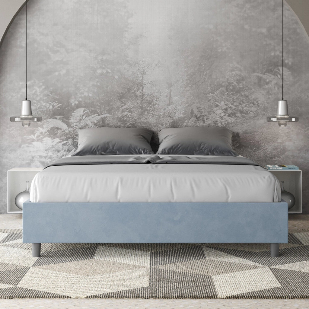 Letto matrimoniale francese con rete imbottito 140x210 microfibra azzurro Azelia
