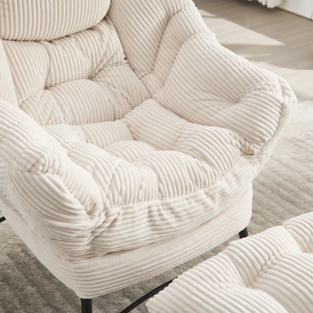 Fauteuil con pouf e tasca laterale con braccioli in acciaio e cotone PP bianco per soggiorno, relax e giardino