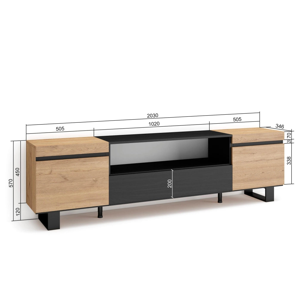 Mobile TV, 200x35x57cm, soggiorno, Per TV fino a 80", Design industriale, colore Rovere e nero RF2257