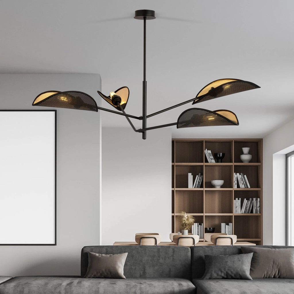 Lampada a sospensione Vene a 4 luci con paralumi a foglia nero e oro