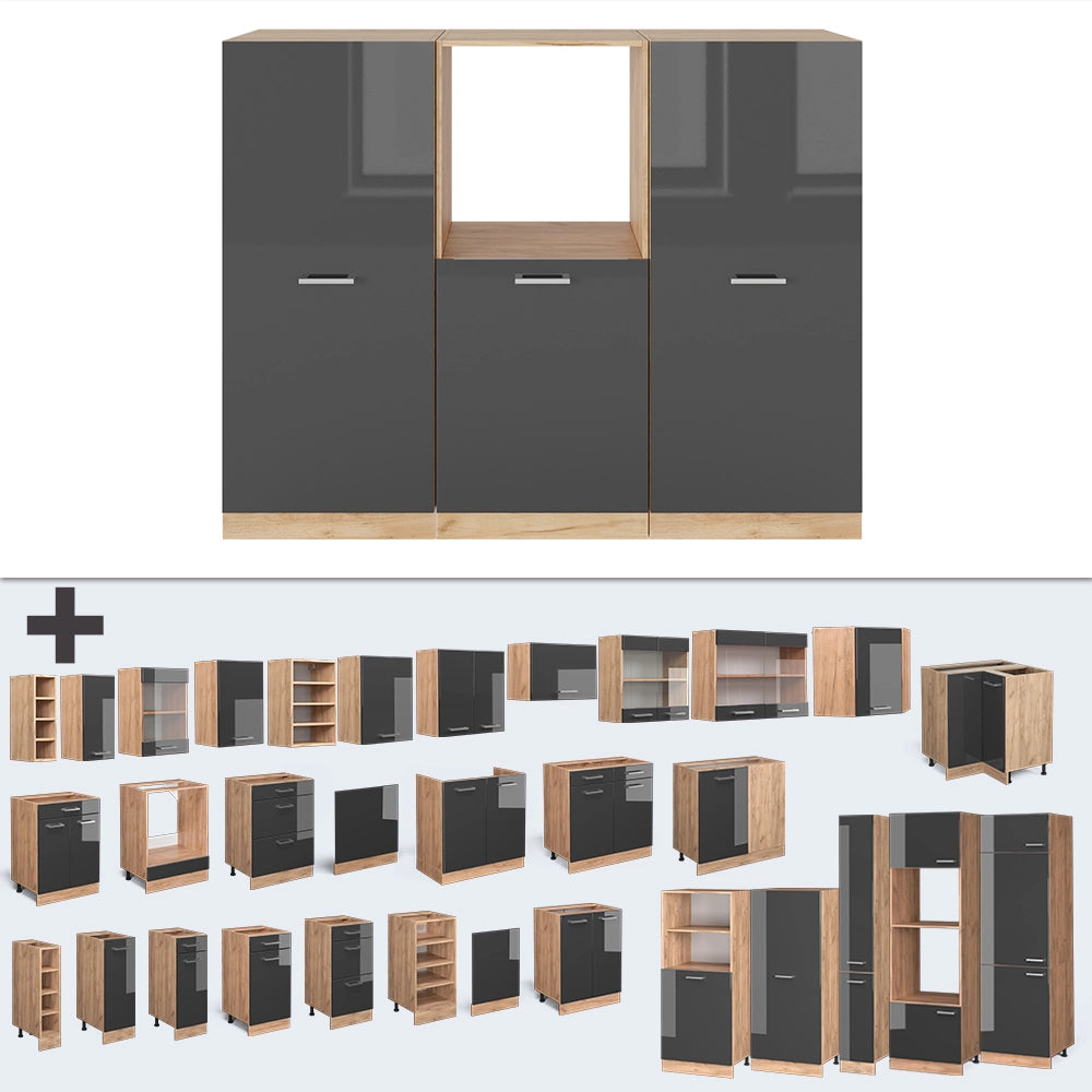 Cucine componibili piccole R-Line Antracite lucido/Rovere dorato 180 cm senza piano di lavoro Vicco