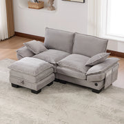 Divano 2 posti in tessuto corduroy con pouf, seduta ergonomica, USB-C e tasche laterali, grigio chiaro