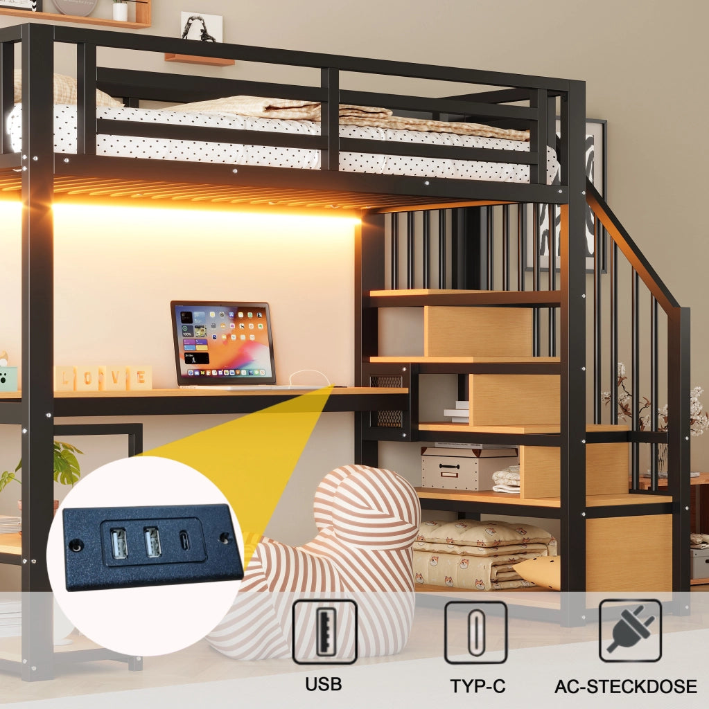 Letto a soppalco 90x200 cm con scrivania; ripiani e scala contenitore in metallo nero