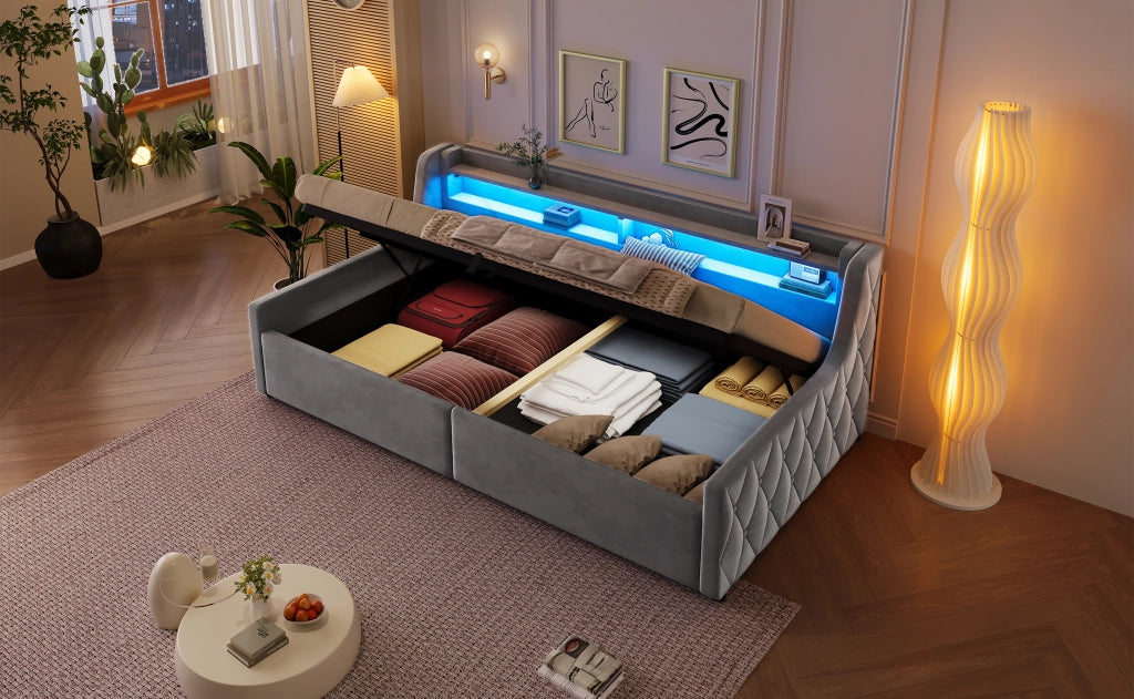 DESMIU Letto contenitore 1 posto con LED e vano 90 × 200 cm, senza materasso, in flanella, grigio