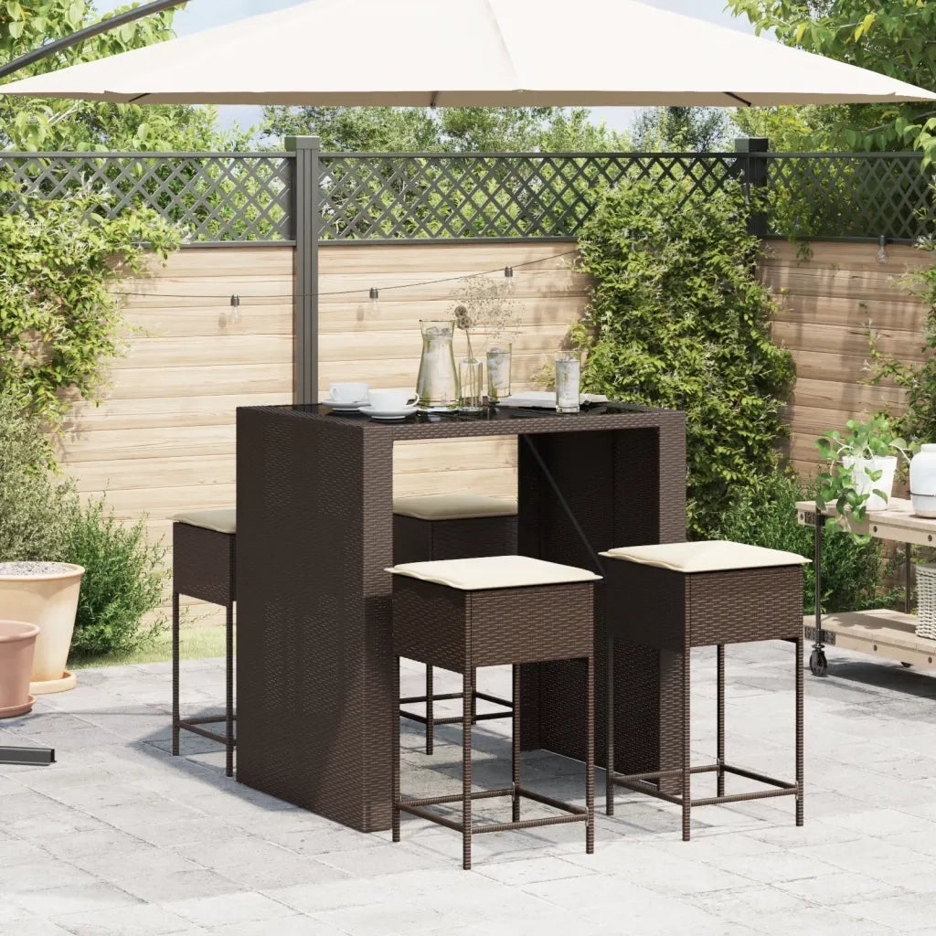 Set Bar da Giardino 5 pz | Set Salotto da Giardino con Cuscini in Polyrattan Marrone
