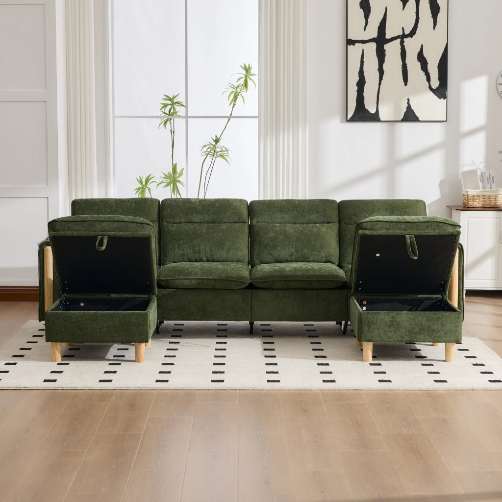 Divano panoramico a U modulare con contenitori e tasche laterali in chenille verde per famiglia 261 × 77 × 86 cm
