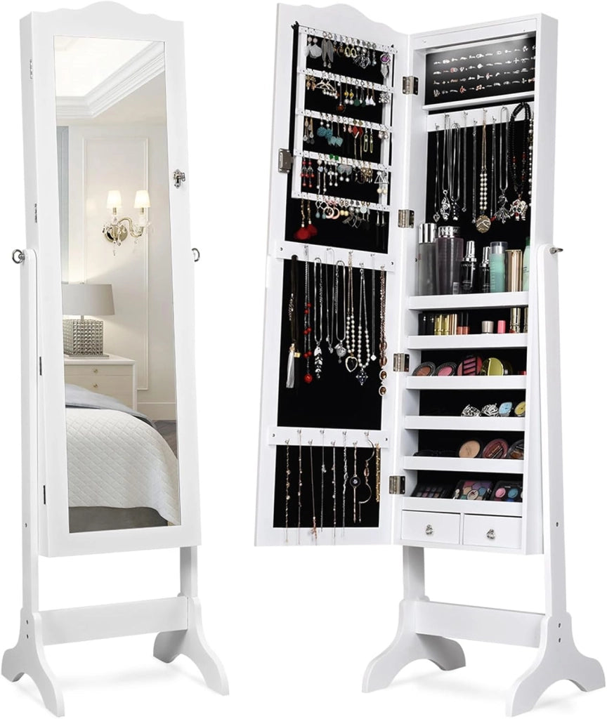 Armadietto Portagioie da Terra, Specchio Portagioie con Luci LED, Angolo Regolabile, con Chiave, 41,5 x 37 x 160 cm (Bianco)