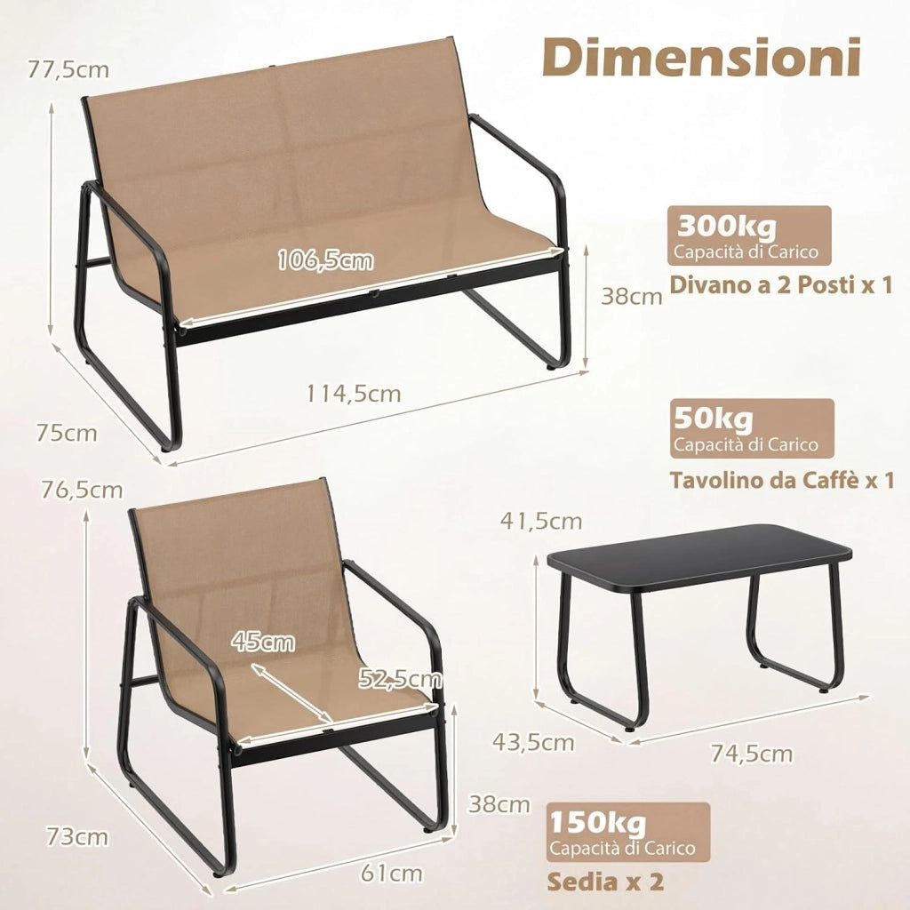 Set Tavolo e Sedie da Giardino 4 Pezzi, Tavolino in Vetro Portato 50 kg, Sedie Portata 150 kg, Panca Portata 300 kg, Set Bistro in Tessuto Textilene, per Cortile Terrazza Piscina (Marrone)