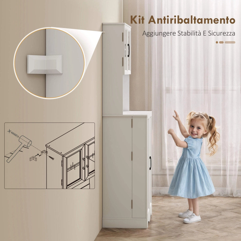 Mobile Dispensa Cucina 60x39,5x179,6 cm con 2 Armadietti e 8 Ripiani in Legno e Acrilico Bianco