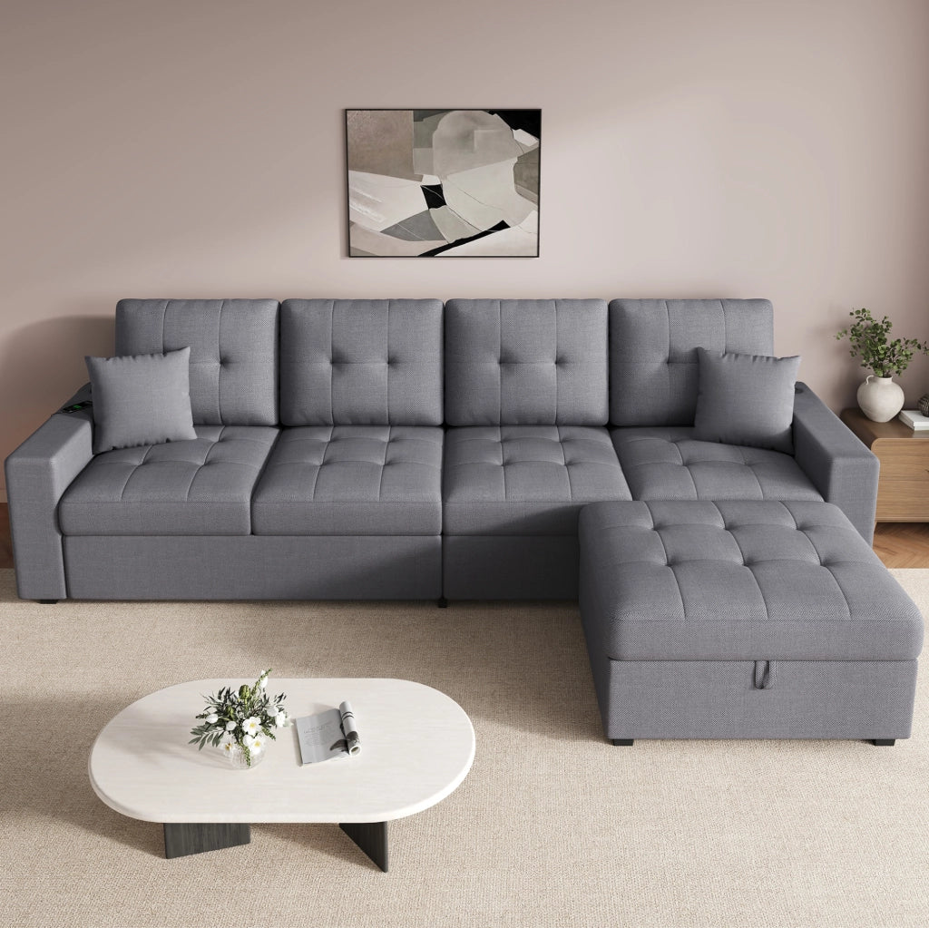 Divano angolare modulare 4 posti con pouf contenitore; LED e ricarica USB Type-C; grigio antico