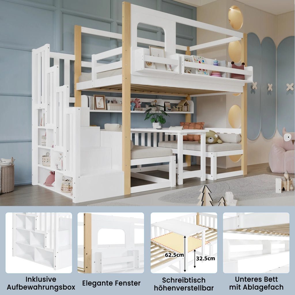 Letto a soppalco per bambini 90 × 200 cm con tavolo pieghevole, scala contenitore et sponde di sicurezza, senza materasso, bianco naturale