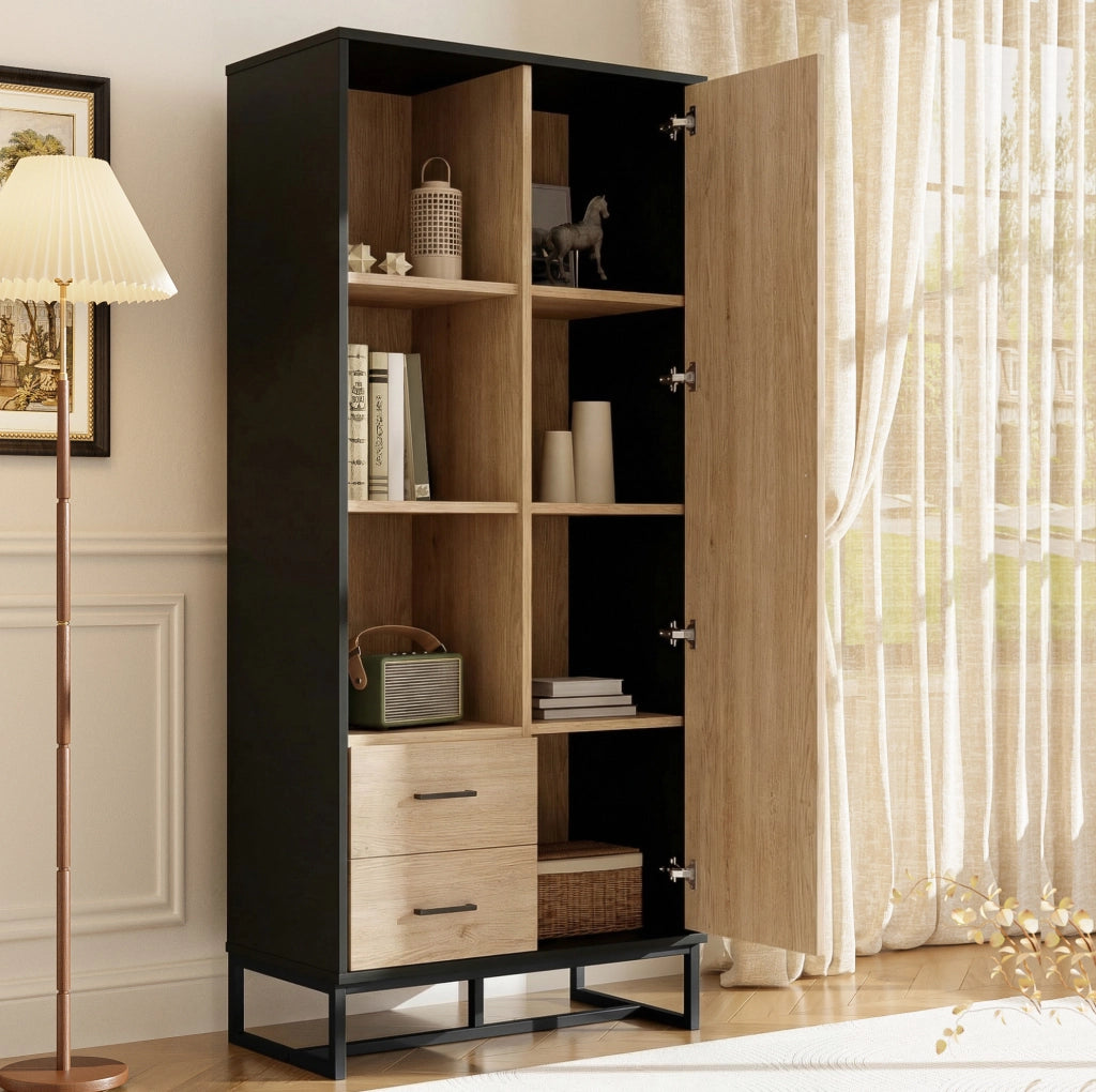Credenza alta con 1 anta; 2 cassetti e 3 vani aperti 80x40x180 cm in MDF nero e effetto legno
