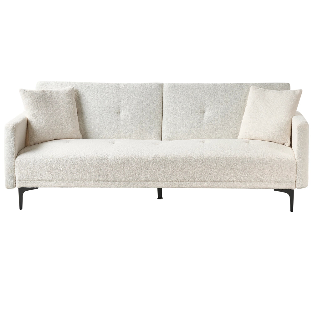 Divano letto moderno in tessuto bouclè bianco sporco a 3 posti con schienale con bottoni gambe nero design moderno scandinavo