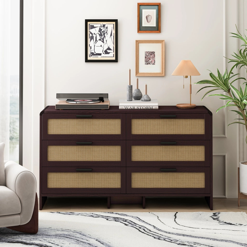 Cassettiera Ad Angolo con Angoli Arrotondati e 6 Cassetti in Rattan; Stile Naturale; in Pannelli di Particelle; 130??40??80 cm; Marrone Rossiccio