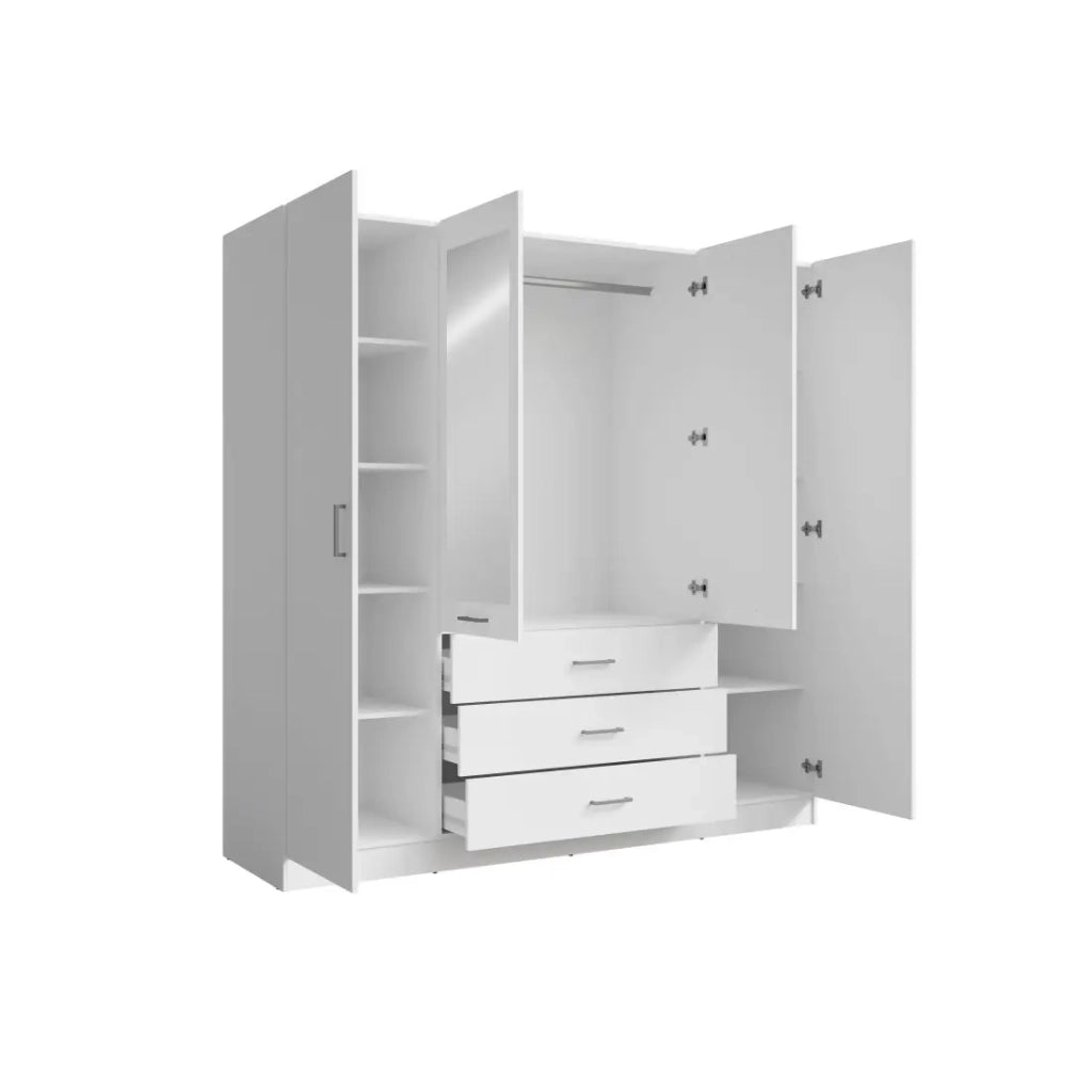 Armadio KALISTA 200 cm bianco opaco – 4 ante a battente, 2 specchi, 3 cassetti