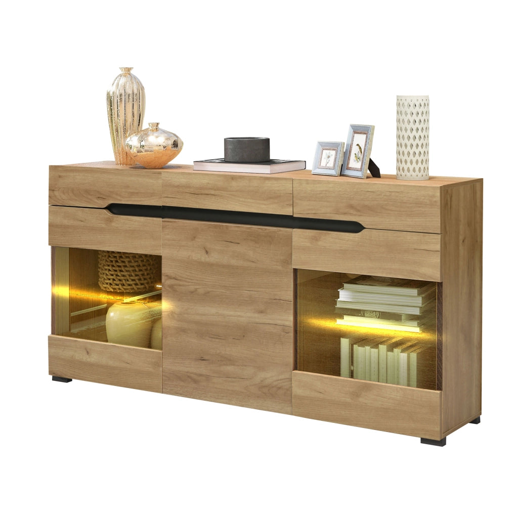 Madia con 3 Ante e 3 Cassetti LED con Controllo da App per Soggiorno in Legno; 140 x 35 x 80 cm; Rovere