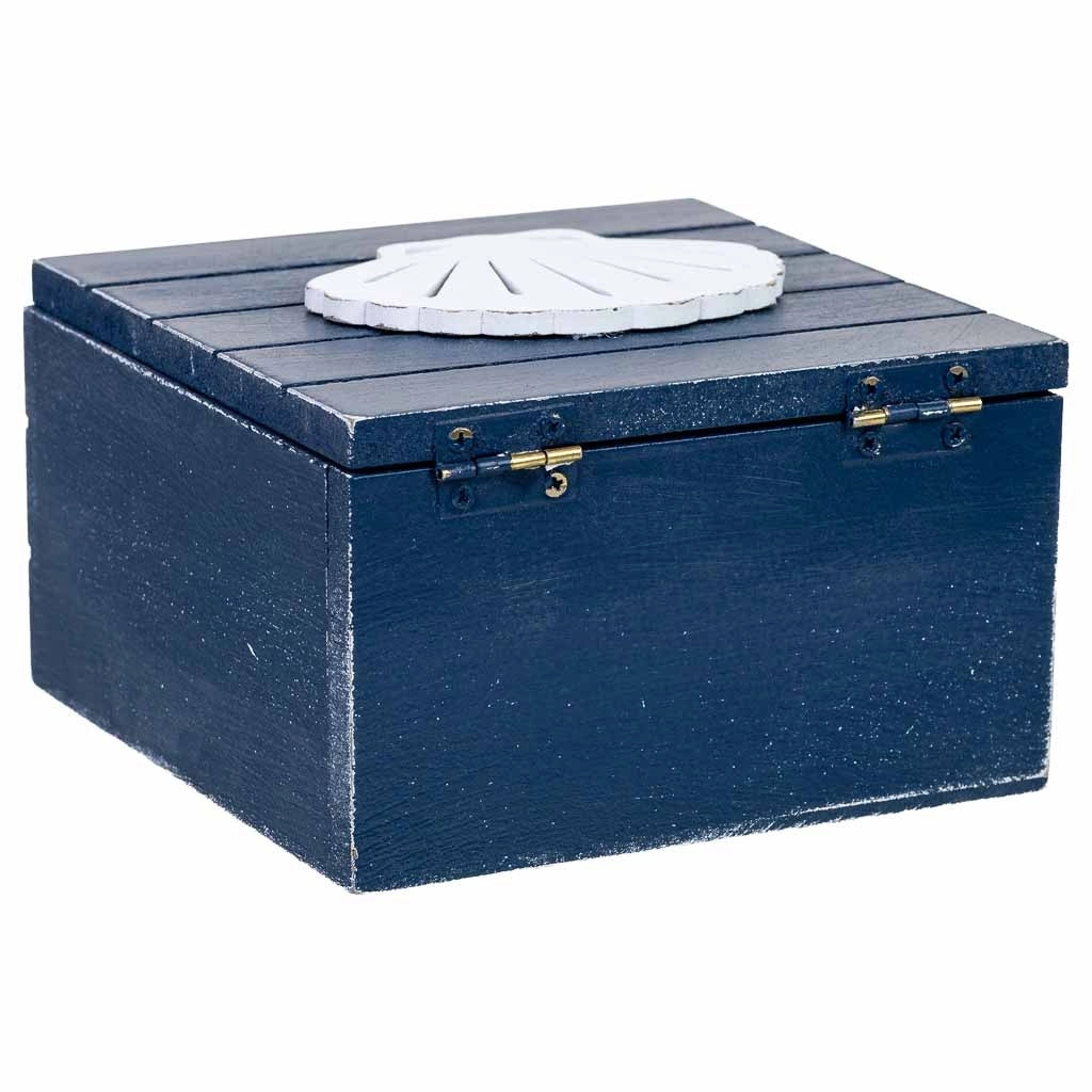 Scatola decorativa in legno con conchiglia blu, 13,5 x 13,5 x 9 cm