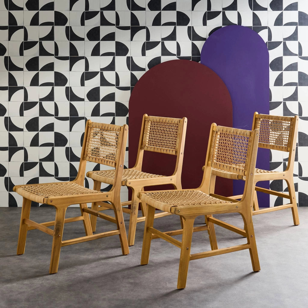 Set 4 sedie in canna e legno, marrone naturale