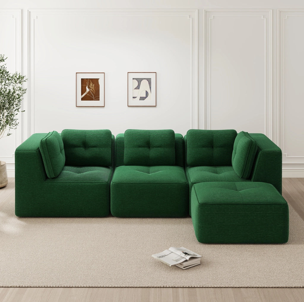 Divano angolare modulare in velluto a coste verde 297x177x69 cm; senza montaggio