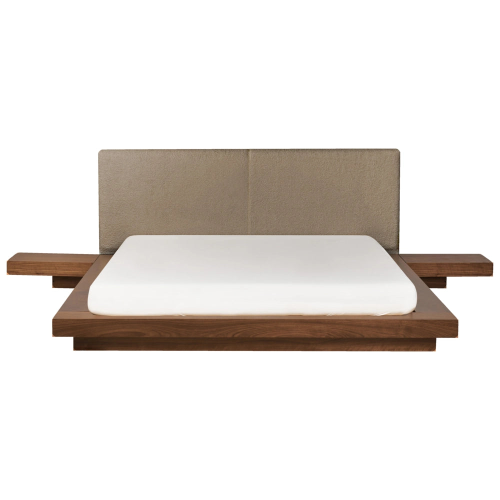 Letto matrimoniale ad acqua con testata e comodini in legno e tessuto bouclé tortora 160 x 200 cm stile giapponese