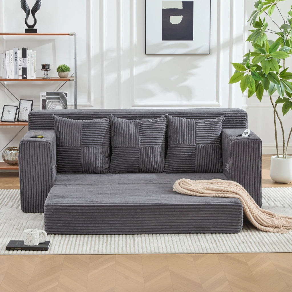 Divano modulare a 2 posti in velluto a coste grigio con portabevande e tasche laterali 64 × 172 × 87 cm
