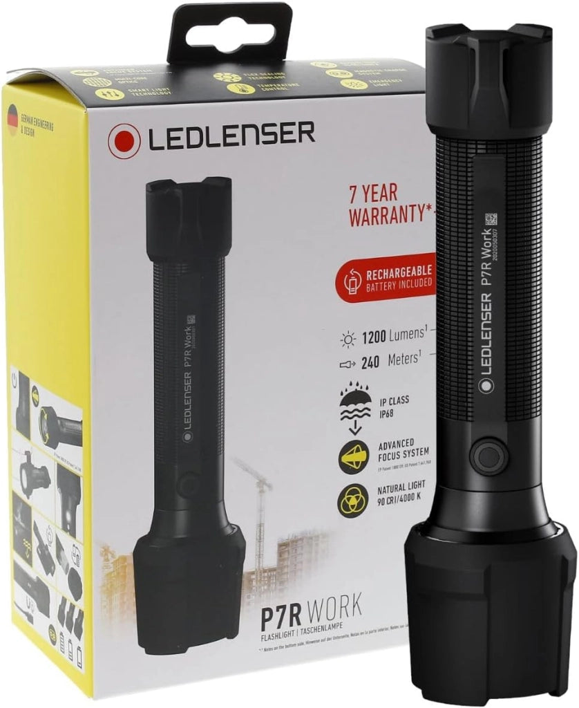 Ledlenser P7R Work | 2020 | Torcia LED Ricaricabile, 1200 Lumen, Alta CRI, SOS, Strobo, autonomia fino 60h, Fascio 240 m, Impermeabile IP68, Protezioni in Gomma, Officina, Garage, Meccanico, Cantiere