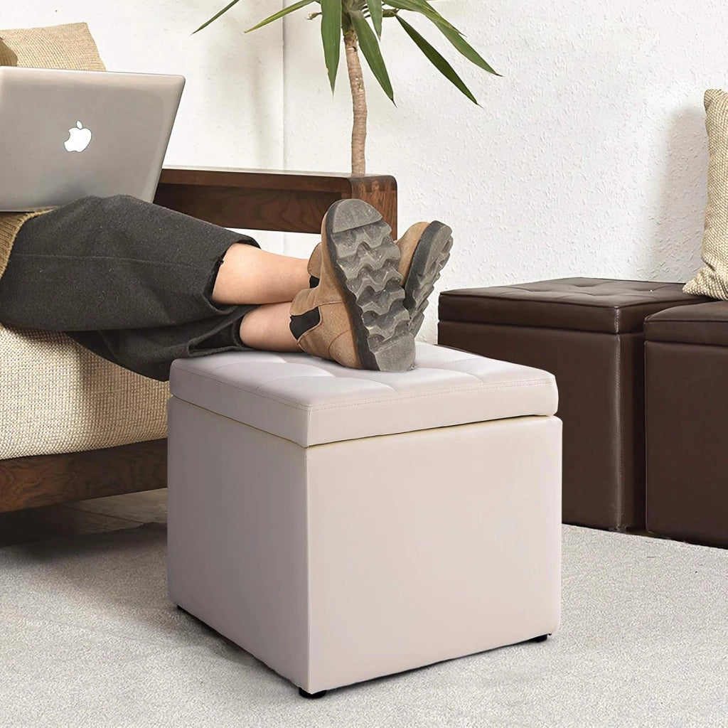 Pouf Cubo Poggiapiedi, Sgabello Quadrato Contenitore, Ottomana con Coperchio, con Vano Portaoggetti, Piedini Antiscivolo, Portata di 300 kg, 40 x 40 x 40 cm, Nero/Marrone/Bianco