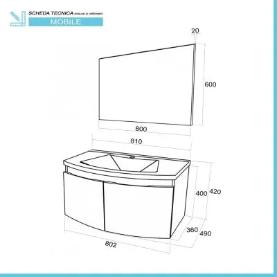 Mobile bagno sospeso curvo 80 cm bianco lucido con lavabo e specchio