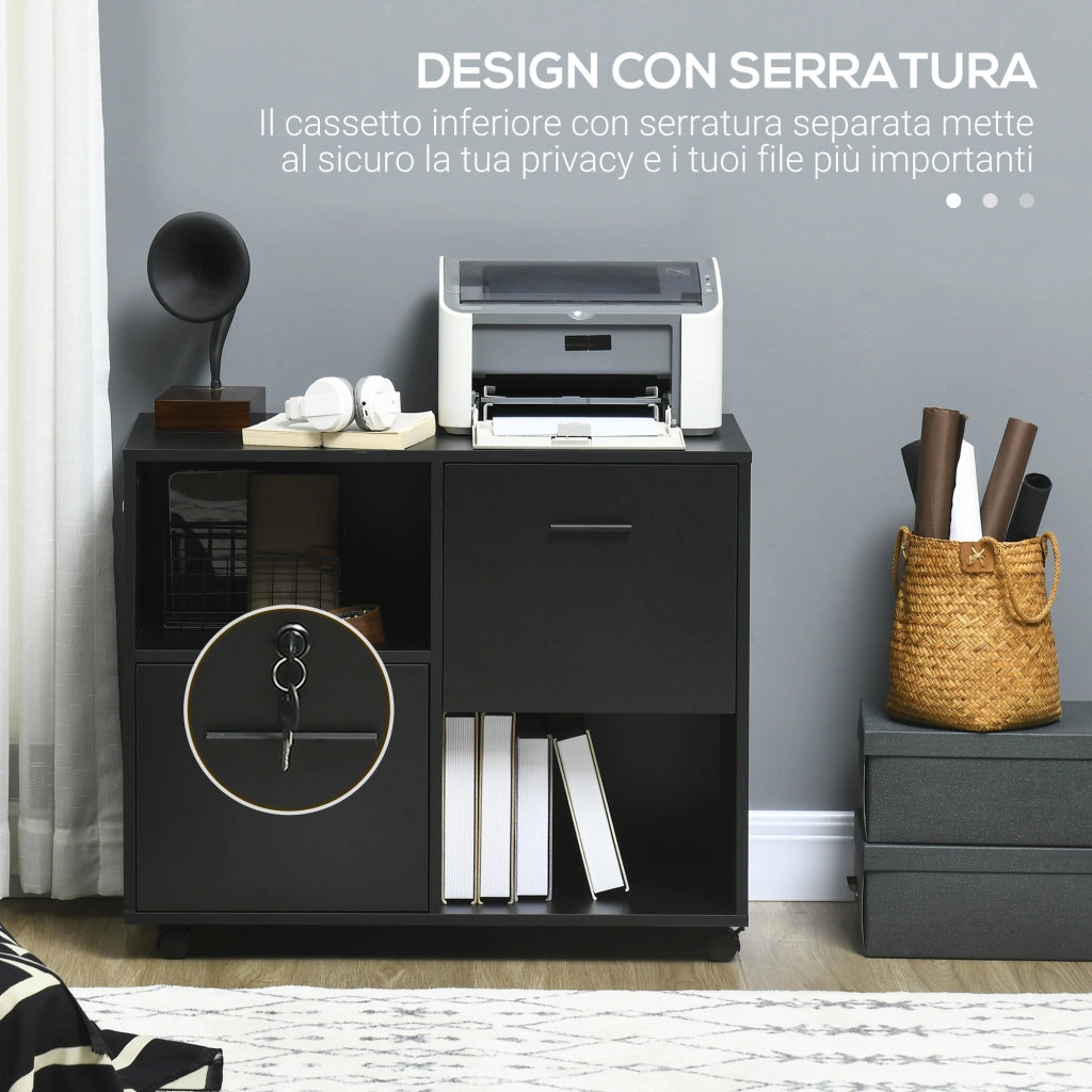 Mobile da Ufficio con 2 Cassetti Porta Documenti e Ripiani, Ruote con Blocco, 80x40x66cm, Nero