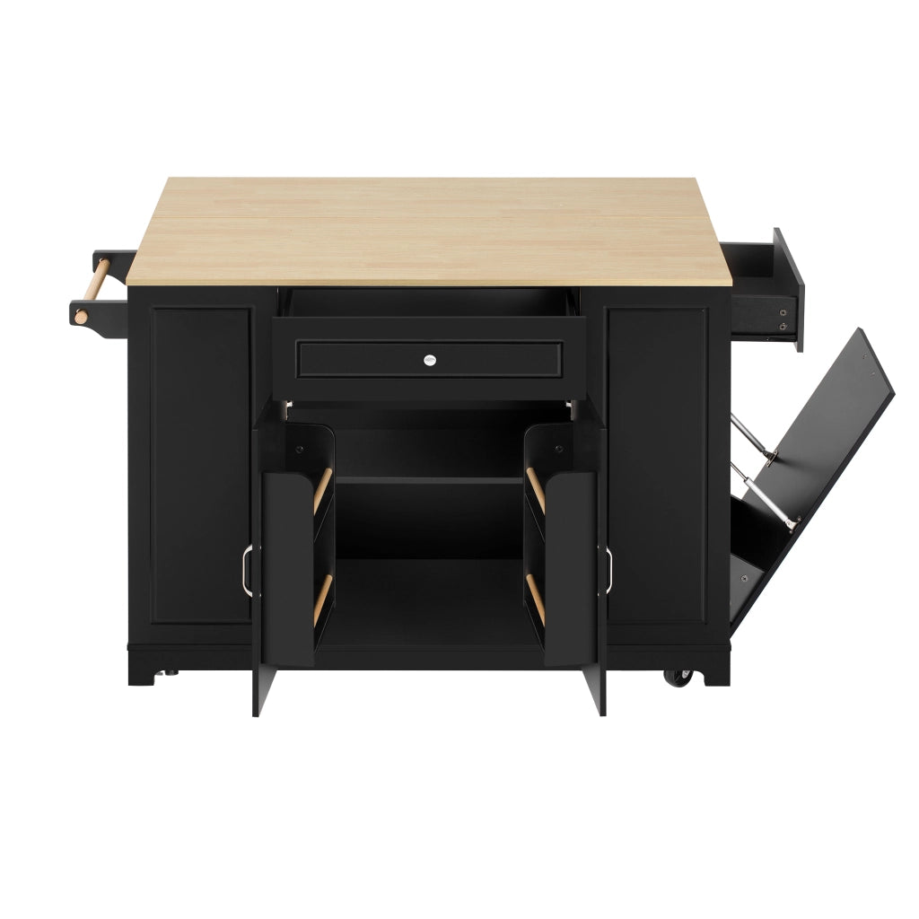 Isola cucina con ruote 131;8 cm tavolo a scomparsa e prese elettriche; MDF; nero