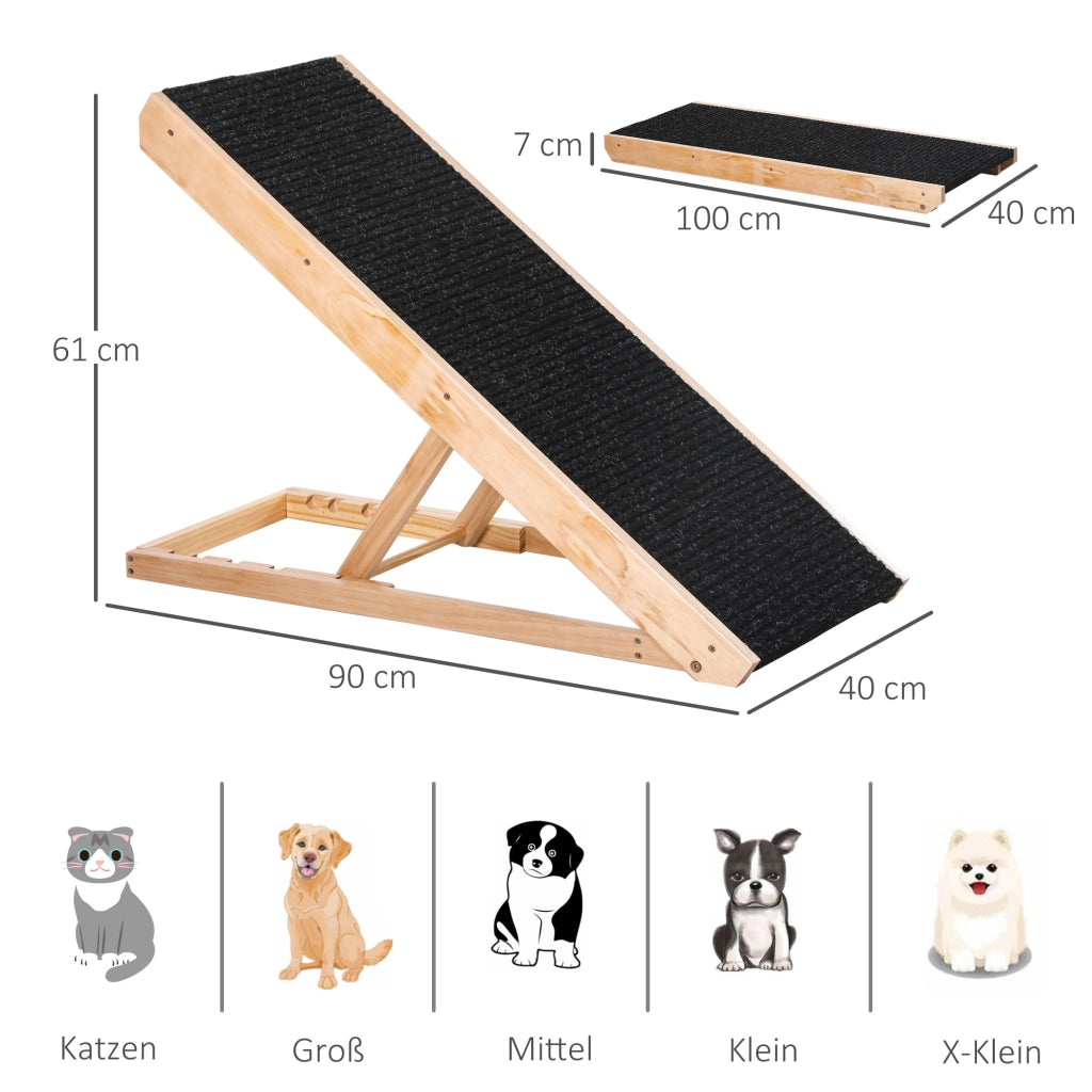 Rampa per animali pieghevole e regolabile in altezza con superficie antiscivolo in legno di pino nero 90 × 40 × 61 cm