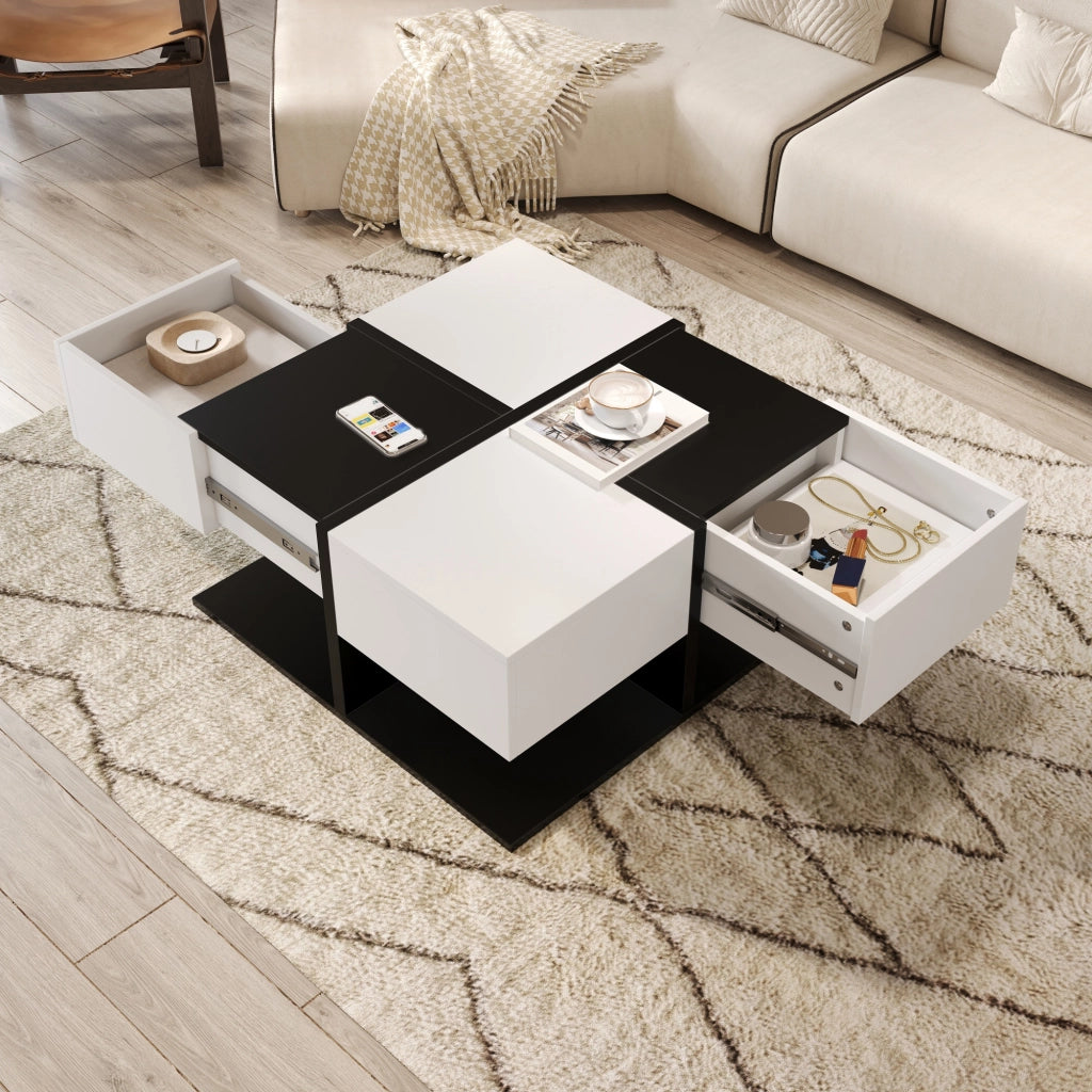 TAVOLINO DA CAFFÈ Quadrato 70 x 70 x 35,5 cm Bianco e Nero con 2 cassetti