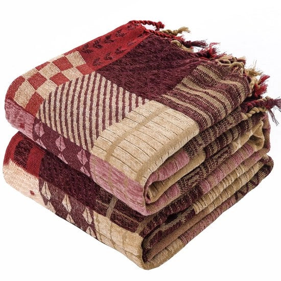 Deken patchwork con disegno a chenille, deken a doppia faccia con frange, boho-bedsprei elegante e soffice, 150x190CM, rosso, deken per TV, deken per divano, deken per poltrona, deken reversibile, bedsprei.