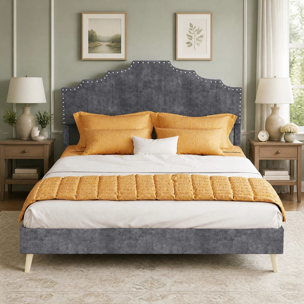 Letto imbottito con testiera geometrica e rete a doghe; 140 x 200 cm; grigio