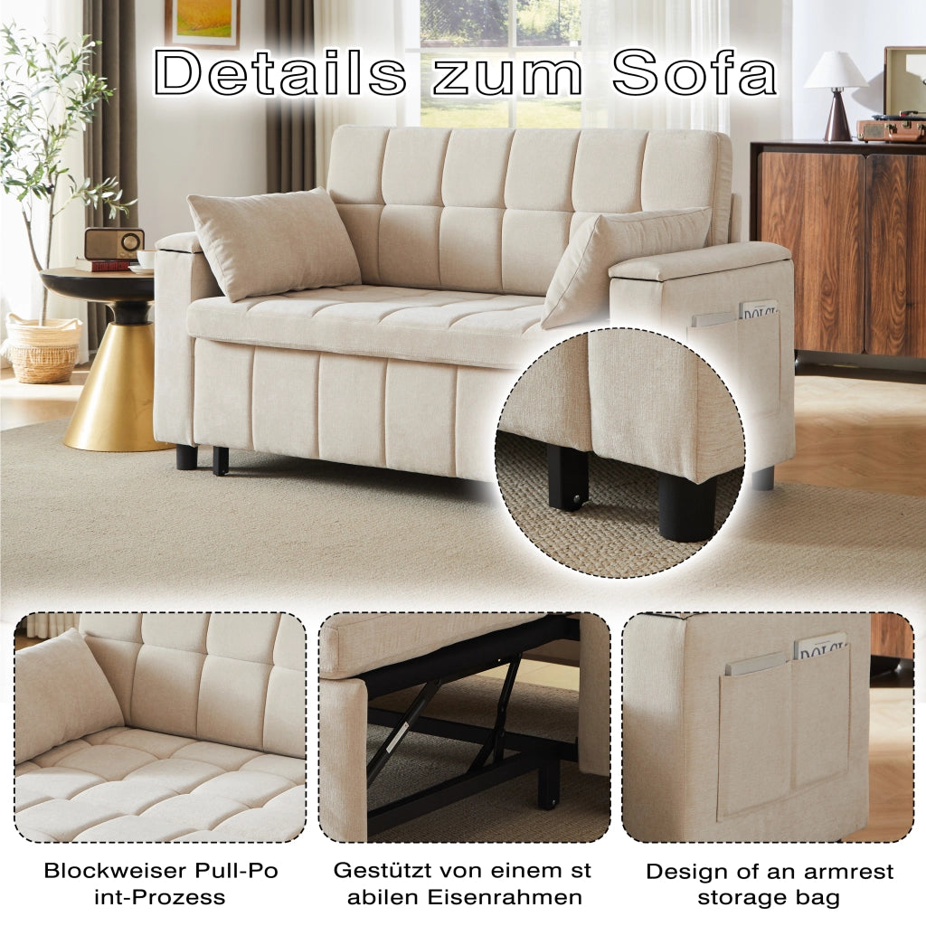 Divano letto convertibile 2 posti con vano nei braccioli e tasche laterali, struttura in metallo, ciniglia beige
