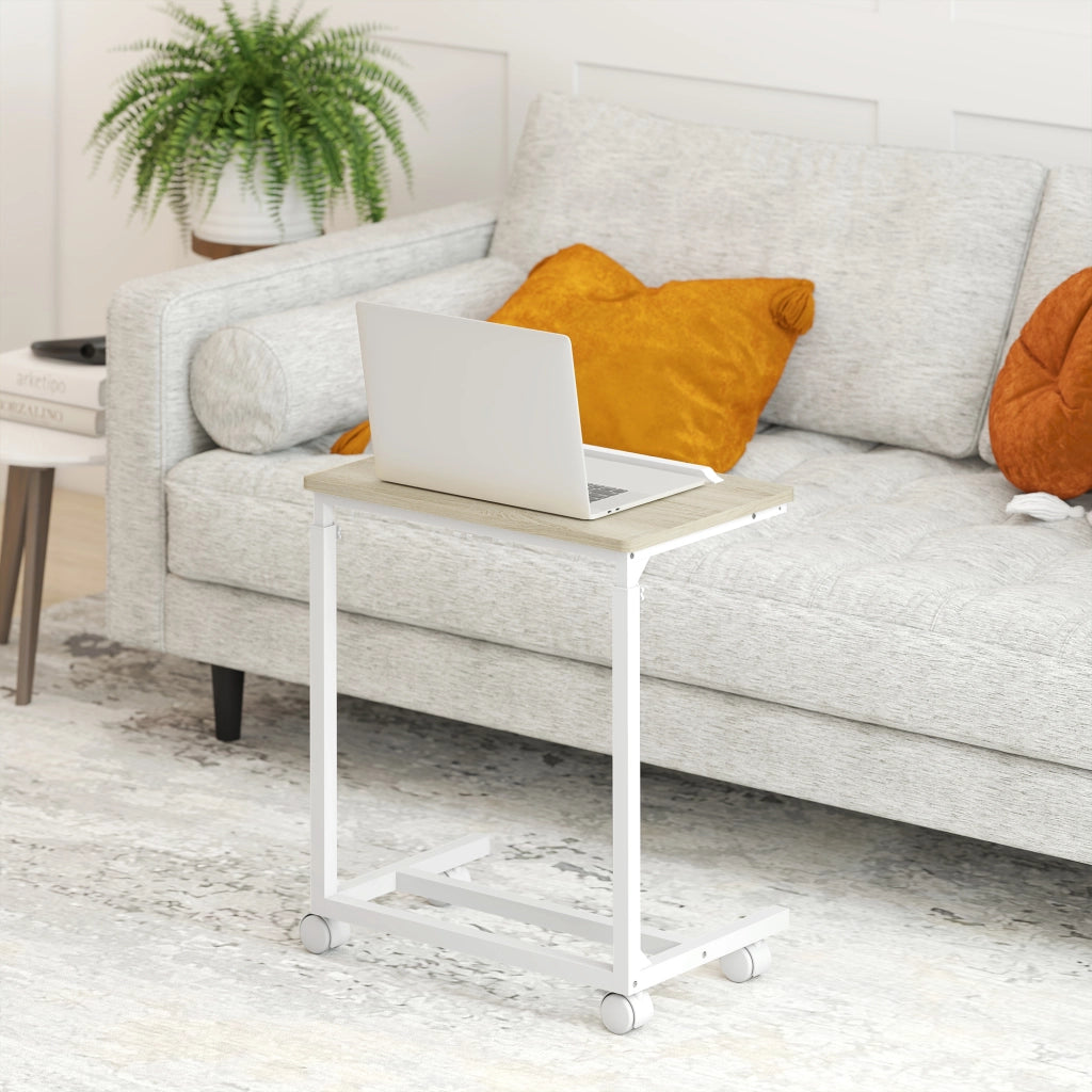 Tavolino da Lavoro Regolabile 55x36x62,5-82,5 cm con Piano Inclinabile in Legno e Metallo Bianco e Rovere