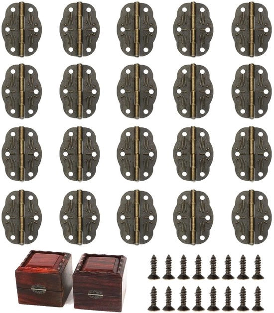 Mini Scharnieri Decorativi 20 pezzi - Inclinabili - Finitura Bronzo Antico - Resistente alla Corrosione - Scharnieri Decorativi per Casse e Cassetti