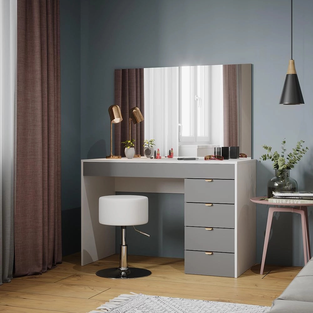 Tavolo da toeletta Elise, Bianco/grigio/grigio, 115 cm con sgabello, con sgabello regolabile in altezza e girevole a 360°