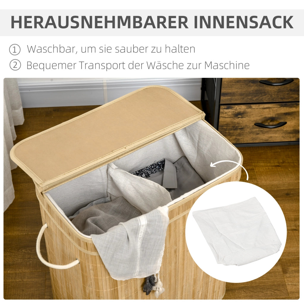 CESTO PORTABIANCHERIA con coperchio, 2 scomparti, 90 L, bambù, colore naturale