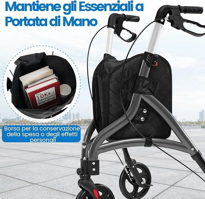 Deambulatore per Anziani in Alluminio Ultraleggero a 3 Ruote, Rollator per Anziani Pieghevole e Regolabile in 6 Livelli 86-96 cm con Borsa e Ruote Bloccabili, Portata 136 kg (Grigio)