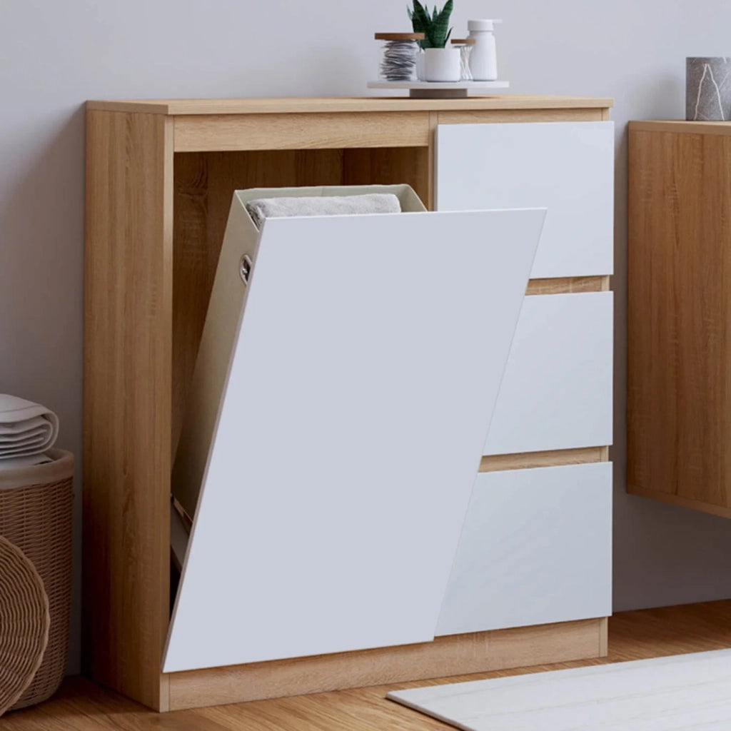 IDMarket - Mobile bagno a 1 anta TOMI con cesto portabiancheria estraibile e 3 cassetti effetto faggio bianco