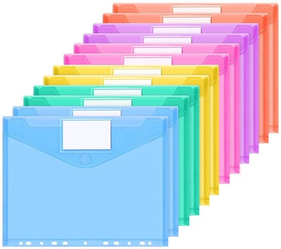 Documenti A4, 12 mappe, 6 colori, impermeabili, con 11 fori e spazio per etichetta, per l'organizzazione dei documenti, ufficio, scuola