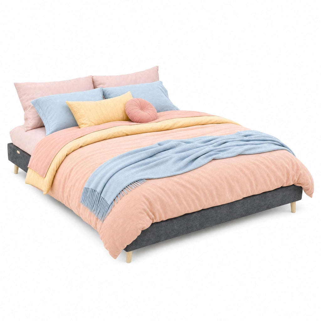 Letto matrimoniale 160x200 cm grigio in tessuto e metallo, design geometrico, rete a doghe, montaggio semplice