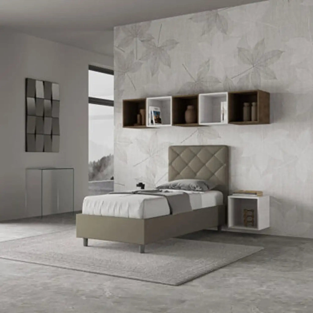 Letto singolo con rete imbottito 90x200 similpelle cappuccino Priya