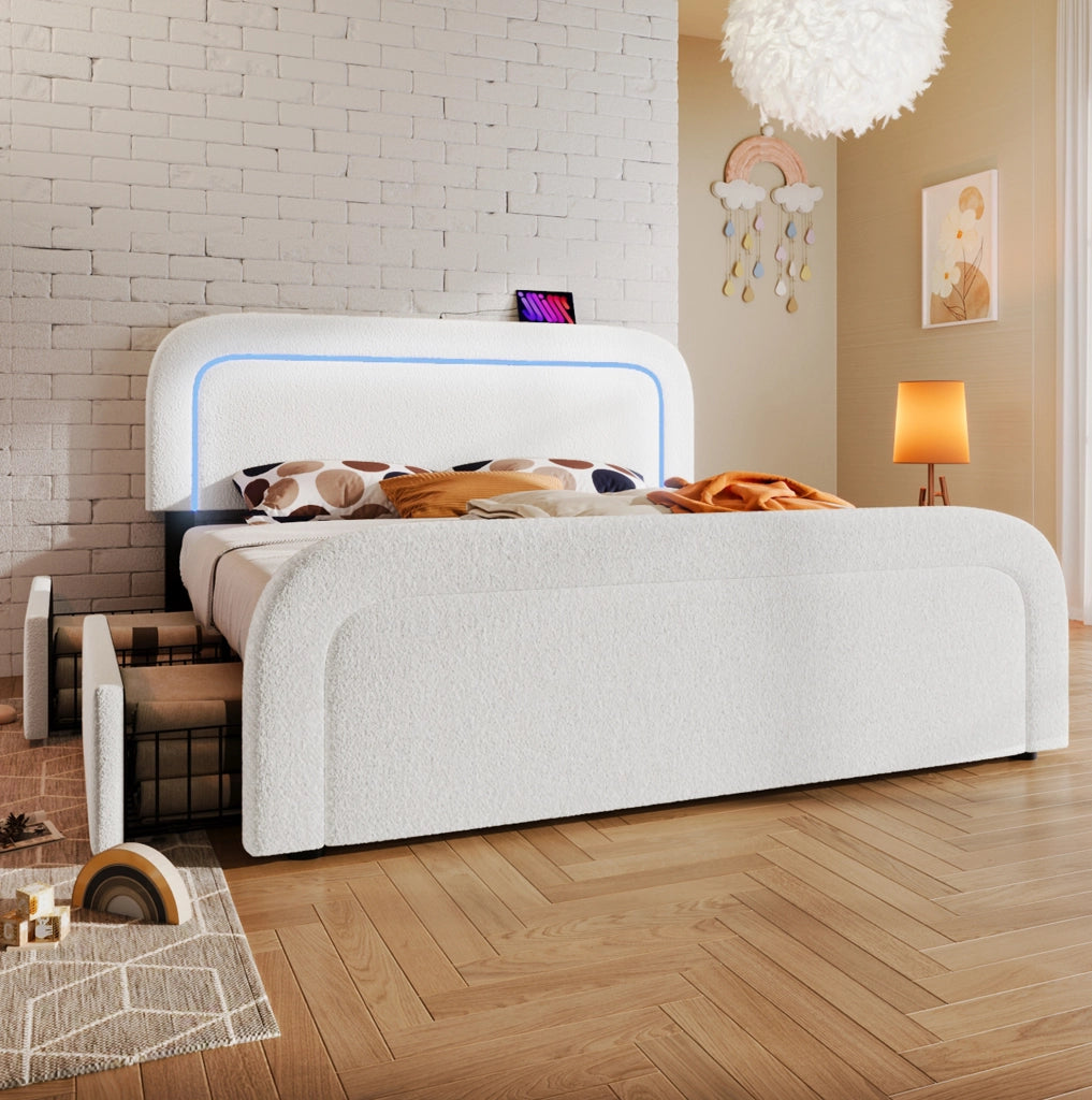 Letto matrimoniale 140x200 cm in Sherpa bianco con LED; USB-C; 4 cassetti e materasso