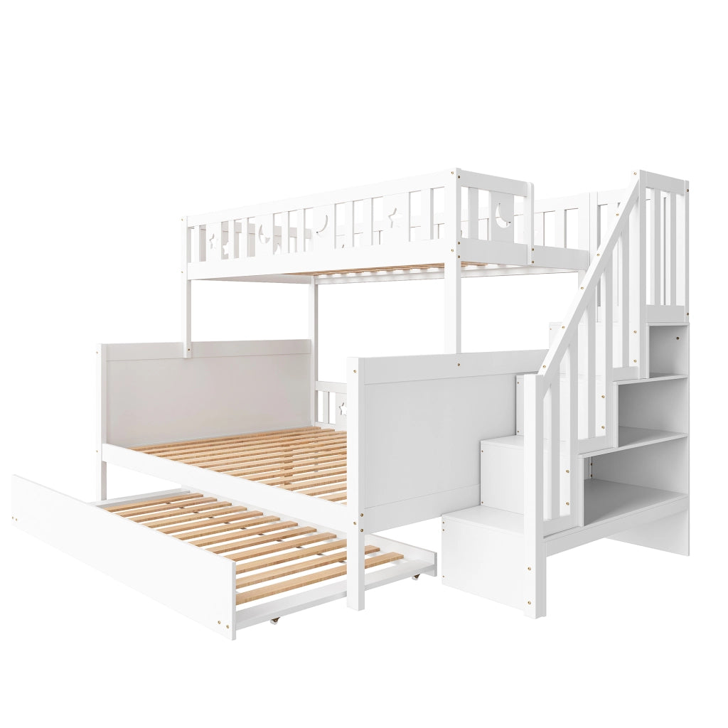 OKWISH Letto a Castello 90×200 cm e 140×200 cm, Letto 3 Posti con Scala Contenitore, Letto Estraibile e Sponde, senza Materasso, Bianco