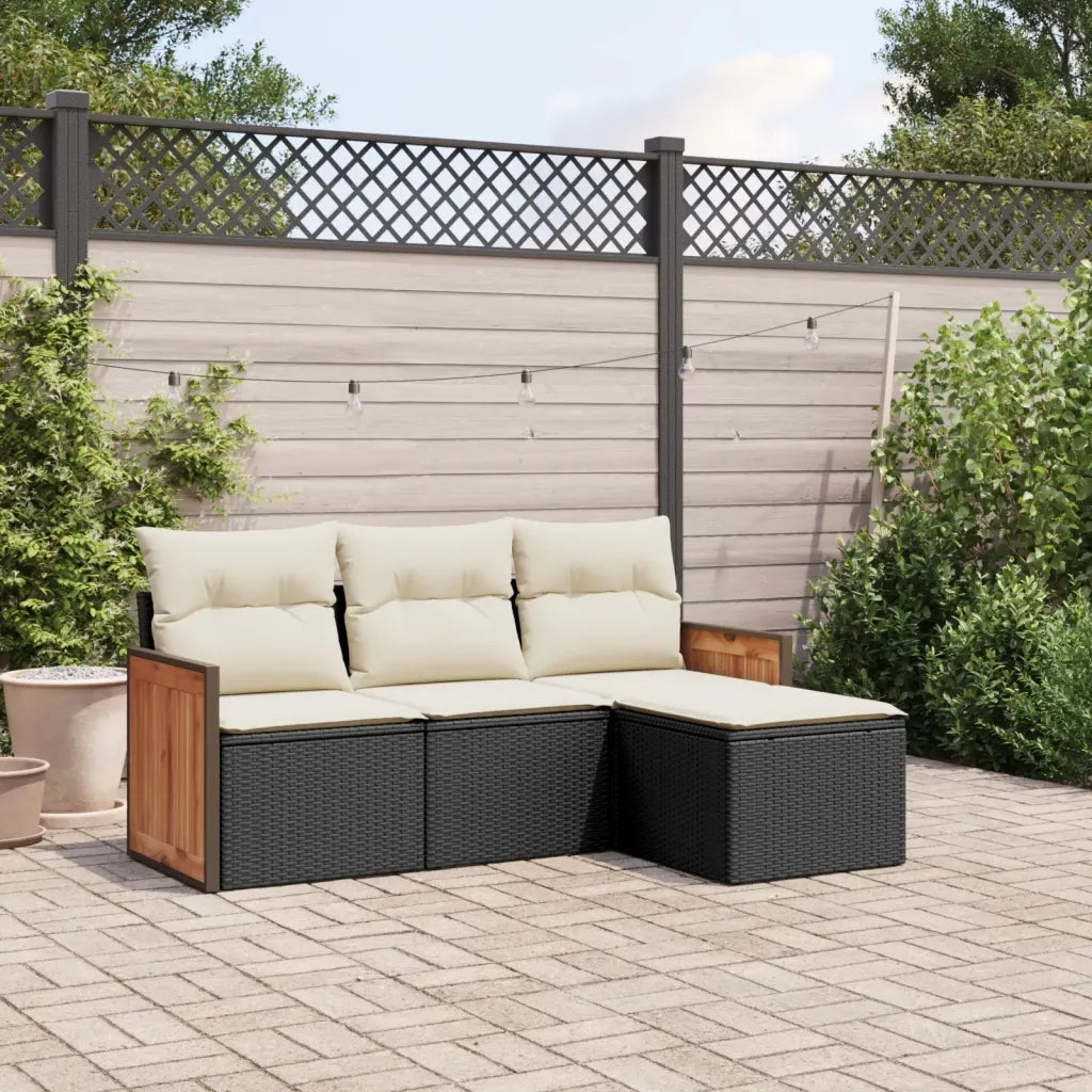 Set Divani da Giardino 4 pz | Set Salotto da Giardino con Cuscini Nero in Polyrattan