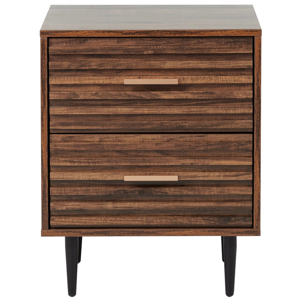 Comodino MDF legno scuro 2 cassetti Tavolino gambe in ferro moderno