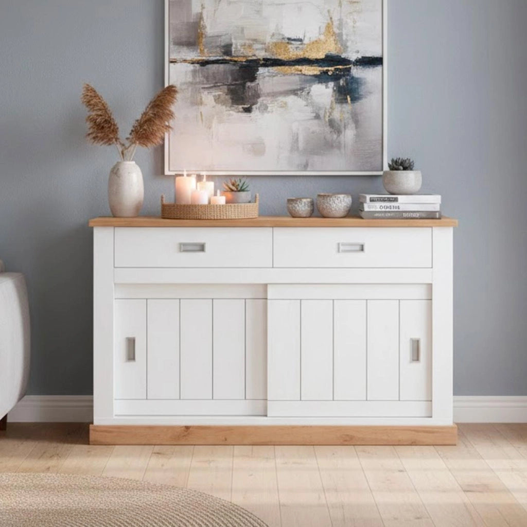 Mobile Madia Credenza Soggiorno Con 2 Cassetti E 2 Ante Scorrevoli 4 Ripiani Interni Design Minimal Shabby Chic Zona Living Sala Da Pranzo 150 x 50 x 95.5 Cm Bianco E Rovere